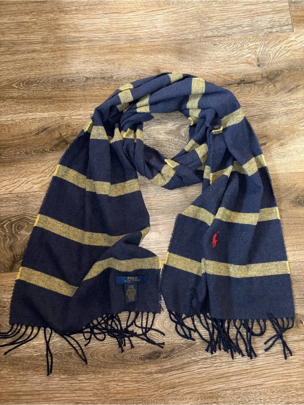 Polo by Ralph Lauren Wool Cotton Fringe Stripe Preppy Scarf Navy and Yellow